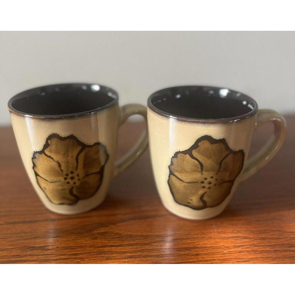 Pfaltzgraff Sarina Stoneware Cups Mugs Earth Tones With Poppy Design Lot Of 2